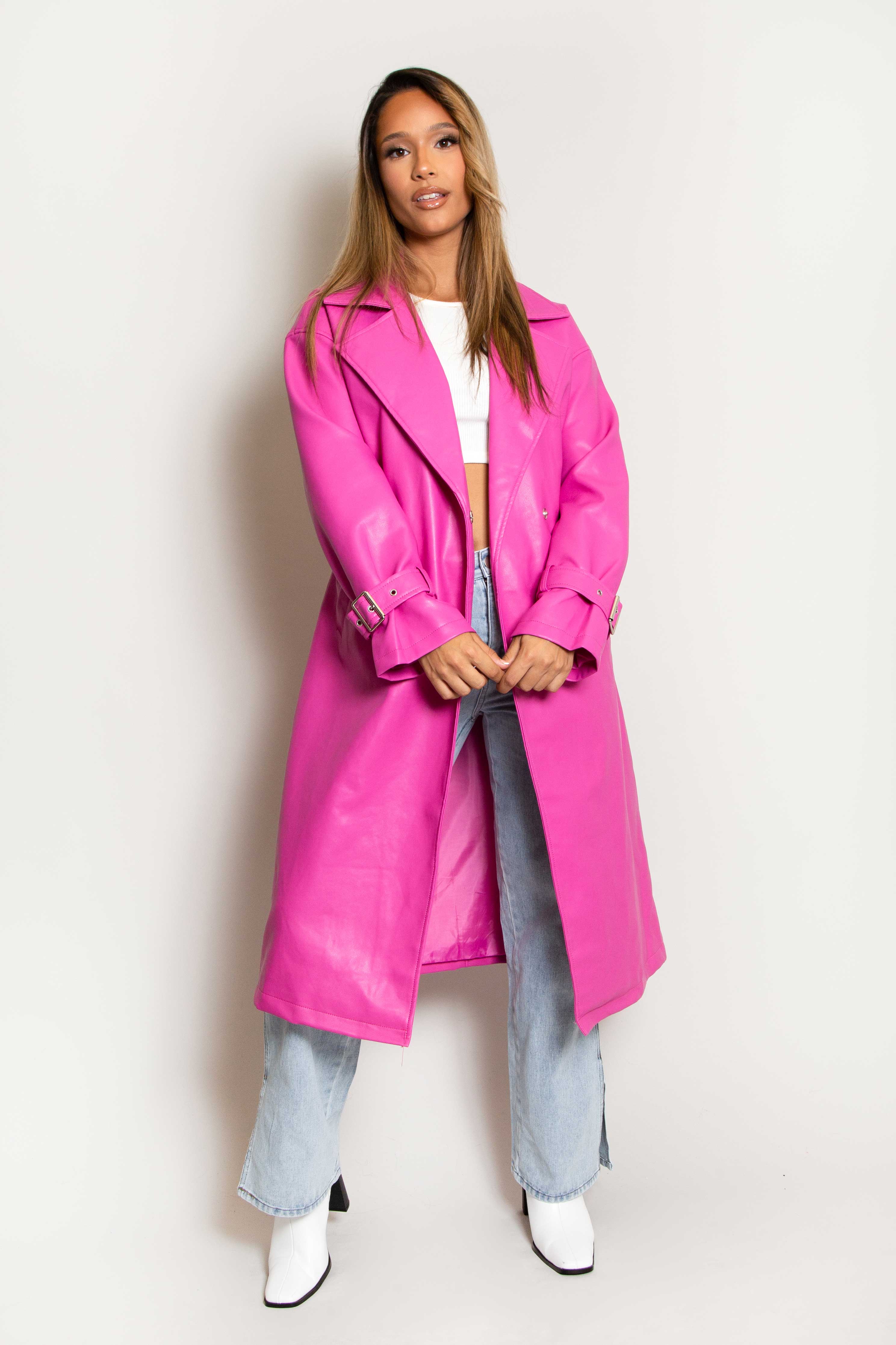 Fuchsia Faux Leather Belted Trench Coat