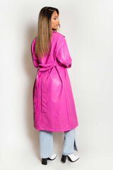 Fuchsia Faux Leather Belted Trench Coat