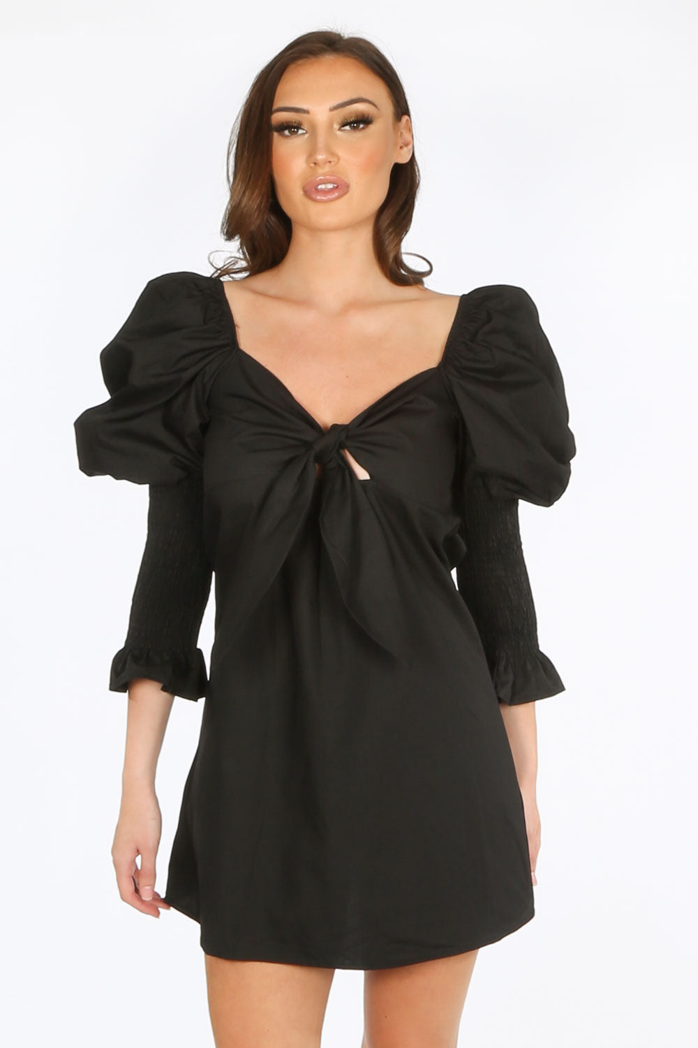 Black Tie Front Dress With Puff Sleeves