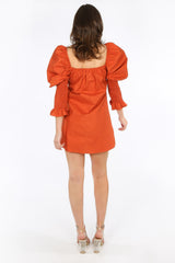 Coral Tie Front Dress With Puff Sleeves