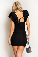 Black Swirl Sleeve Frill Mini Dress