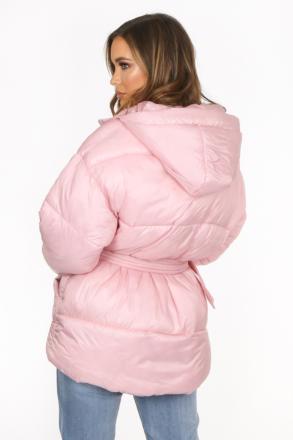 Pink Quilted Belted Puffer Jacket