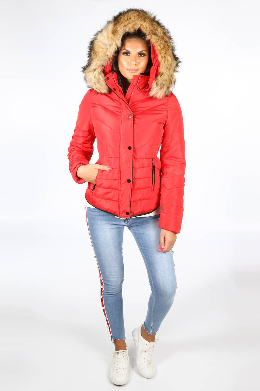 Red Quilted Puffer Jacket With Faux Fur Trim