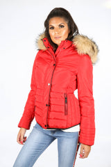 Red Quilted Puffer Jacket With Faux Fur Trim