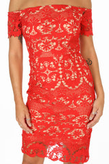 Red Bardot Contrast Crochet Mini Dress