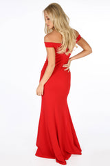 Red Bardot Maxi Dress With Front Split