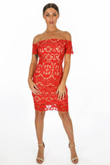 Red Bardot Contrast Crochet Mini Dress