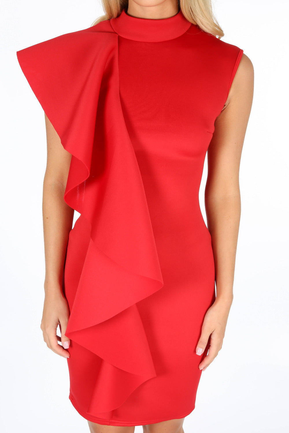 Red Neoprene Frill Shoulder Midi Dress