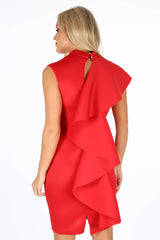 Red Neoprene Frill Shoulder Midi Dress