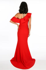 Red One Shoulder Frill Maxi Dress