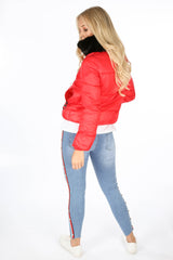 Red Puffer Bomber Jacket With Faux Fur Collar