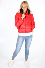 Red Puffer Bomber Jacket With Faux Fur Collar