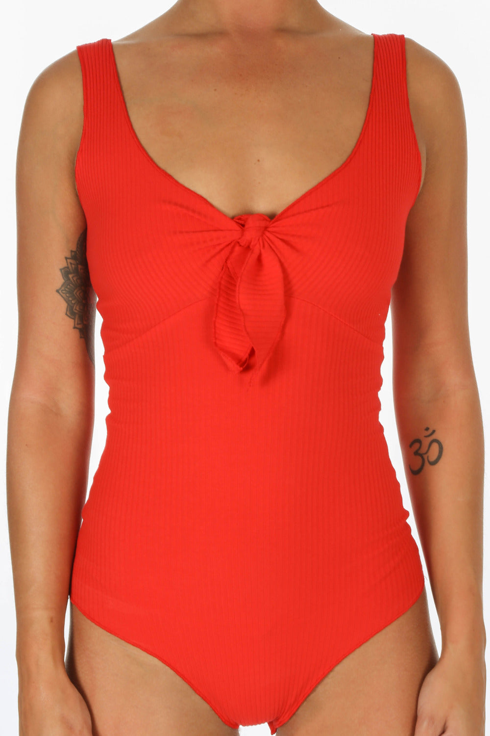 Red Ribbed Tie Front Jersey Bodysuit