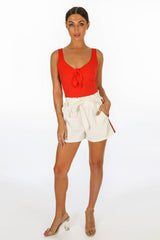 Red Ribbed Tie Front Jersey Bodysuit