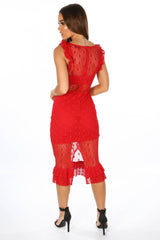 Red V Neck Sheer Lace Midi Dress