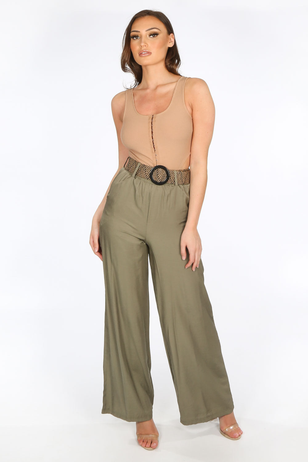 Beige Clasp Front Cut Out Bodysuit