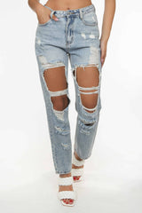 Mid Wash High Waisted Distressed Cigarette Jeans