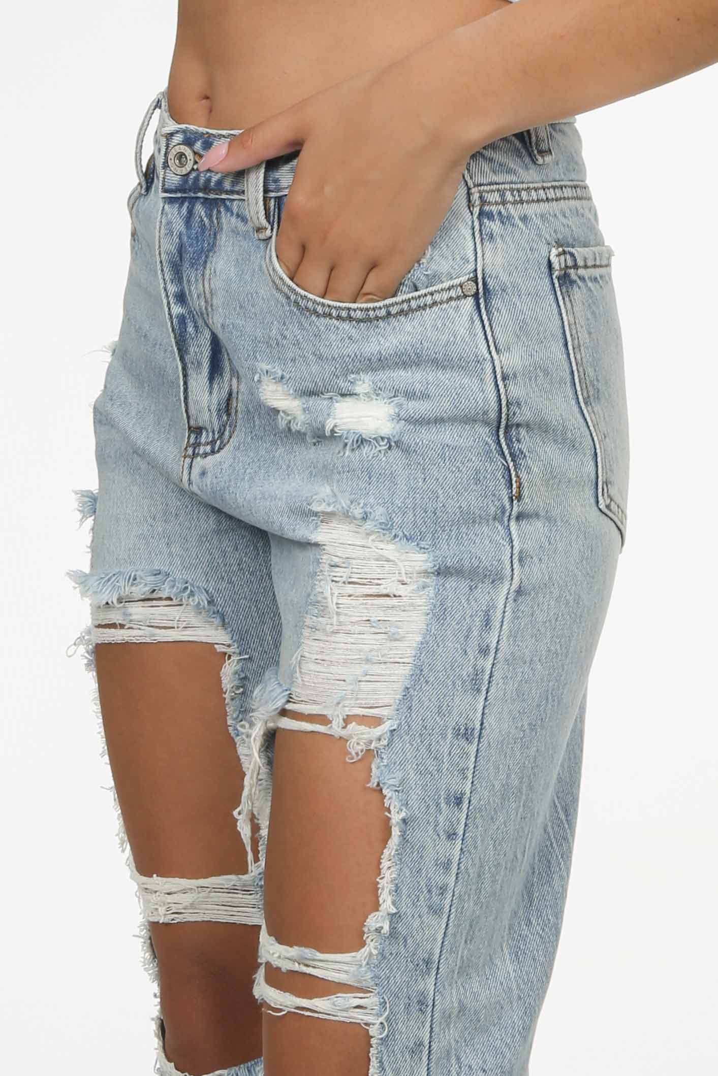 Mid Wash High Waisted Distressed Cigarette Jeans