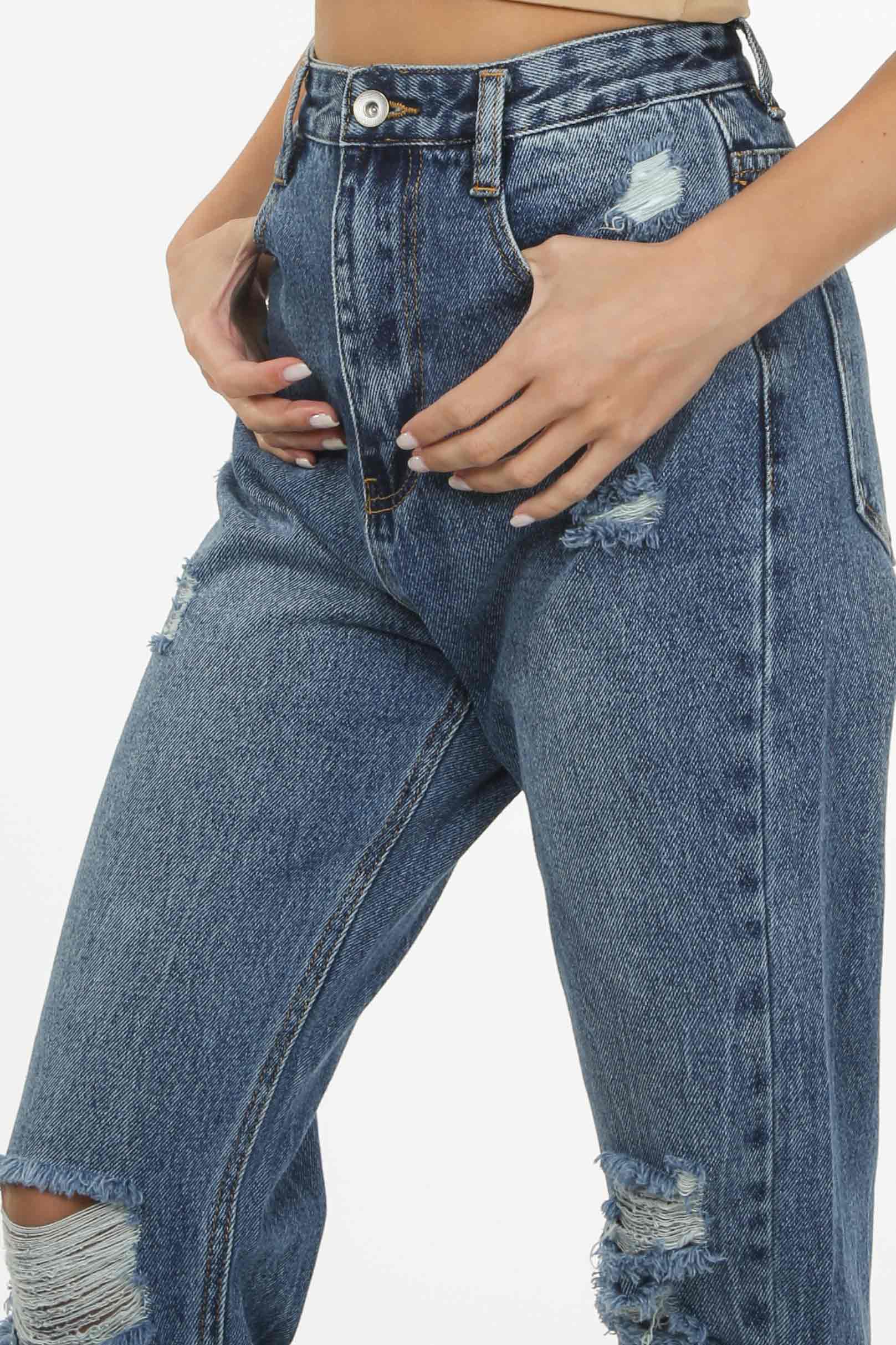Mid Blue Distressed Mom Jeans
