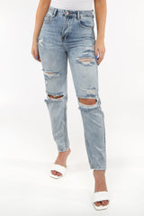 Mid Wash High Waisted Distressed Mom Jeans