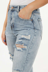 Mid Wash High Waisted Distressed Mom Jeans