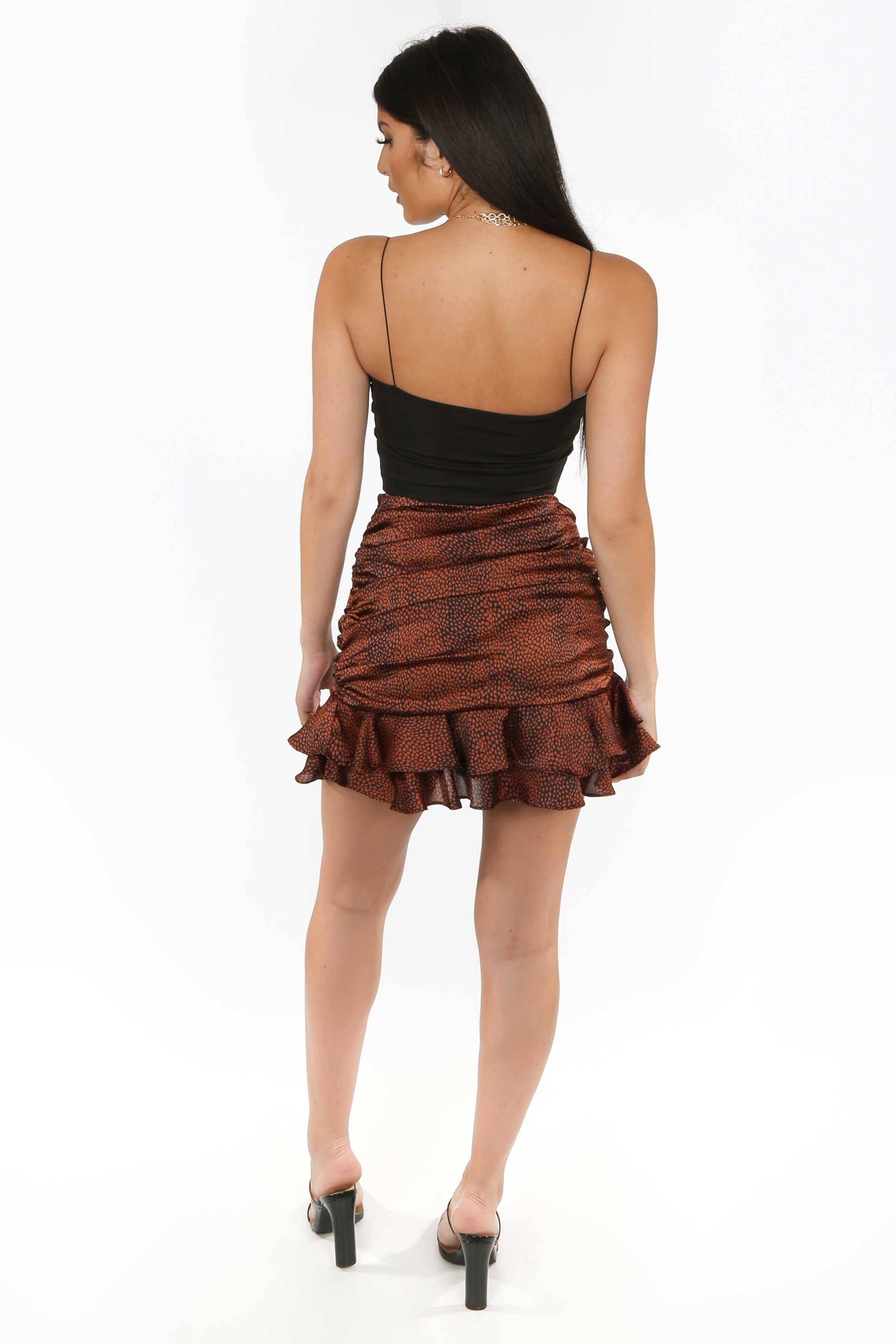Brown Ruched Leopard Mini Skirt