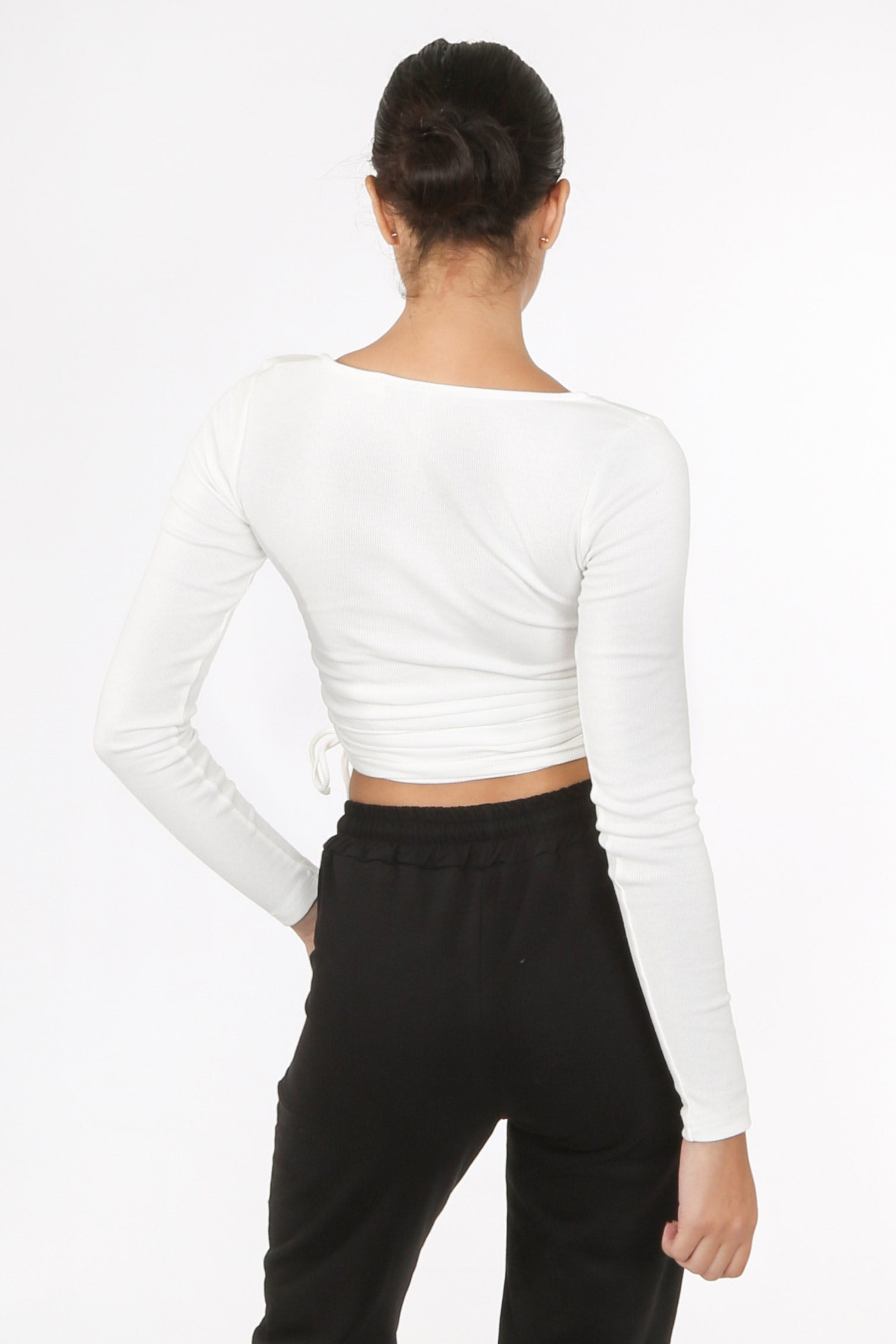 White Jersey Ruched Long Sleeve Top