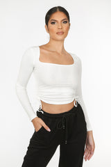 White Jersey Ruched Long Sleeve Top