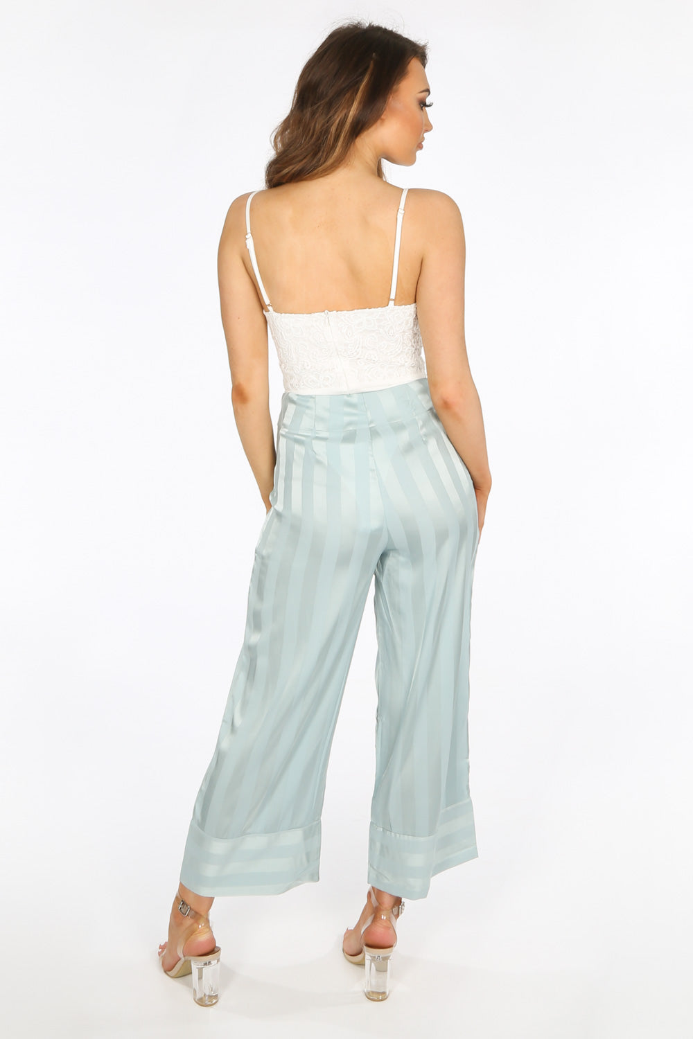Mint Embossed Stripe Satin Cropped Trouser