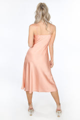 Pink Satin Cowl Neck Midi Dress