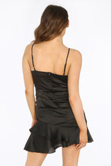Black Satin Cowl Neck Mini Ruched Dress
