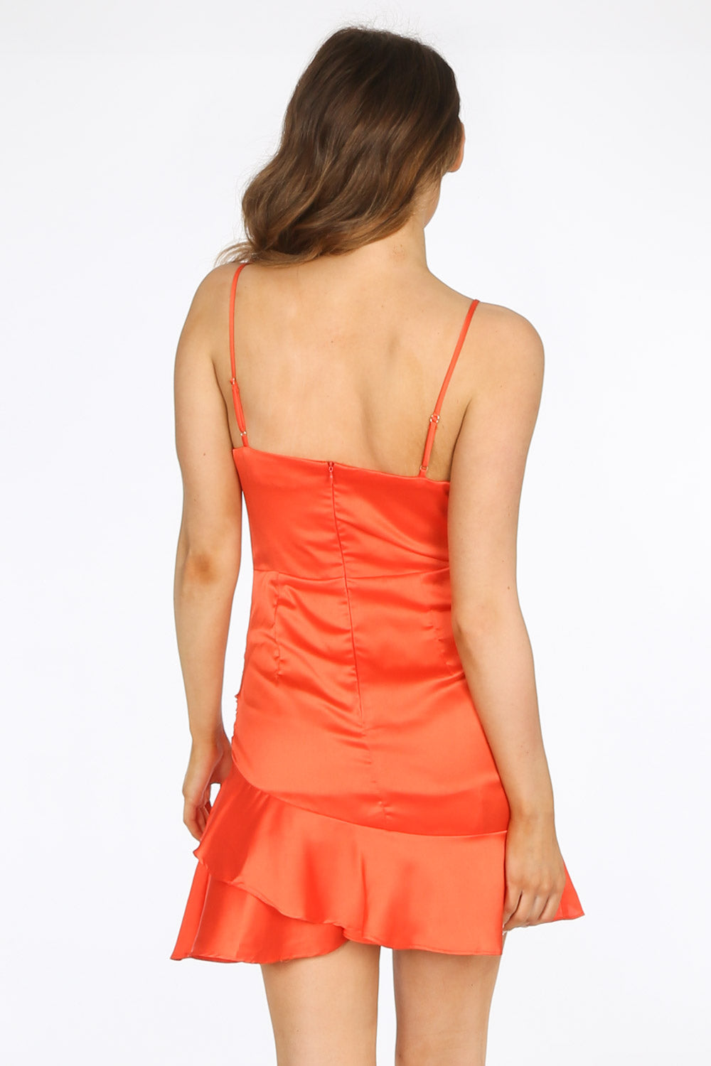Orange Satin Cowl Neck Mini Ruched Dress