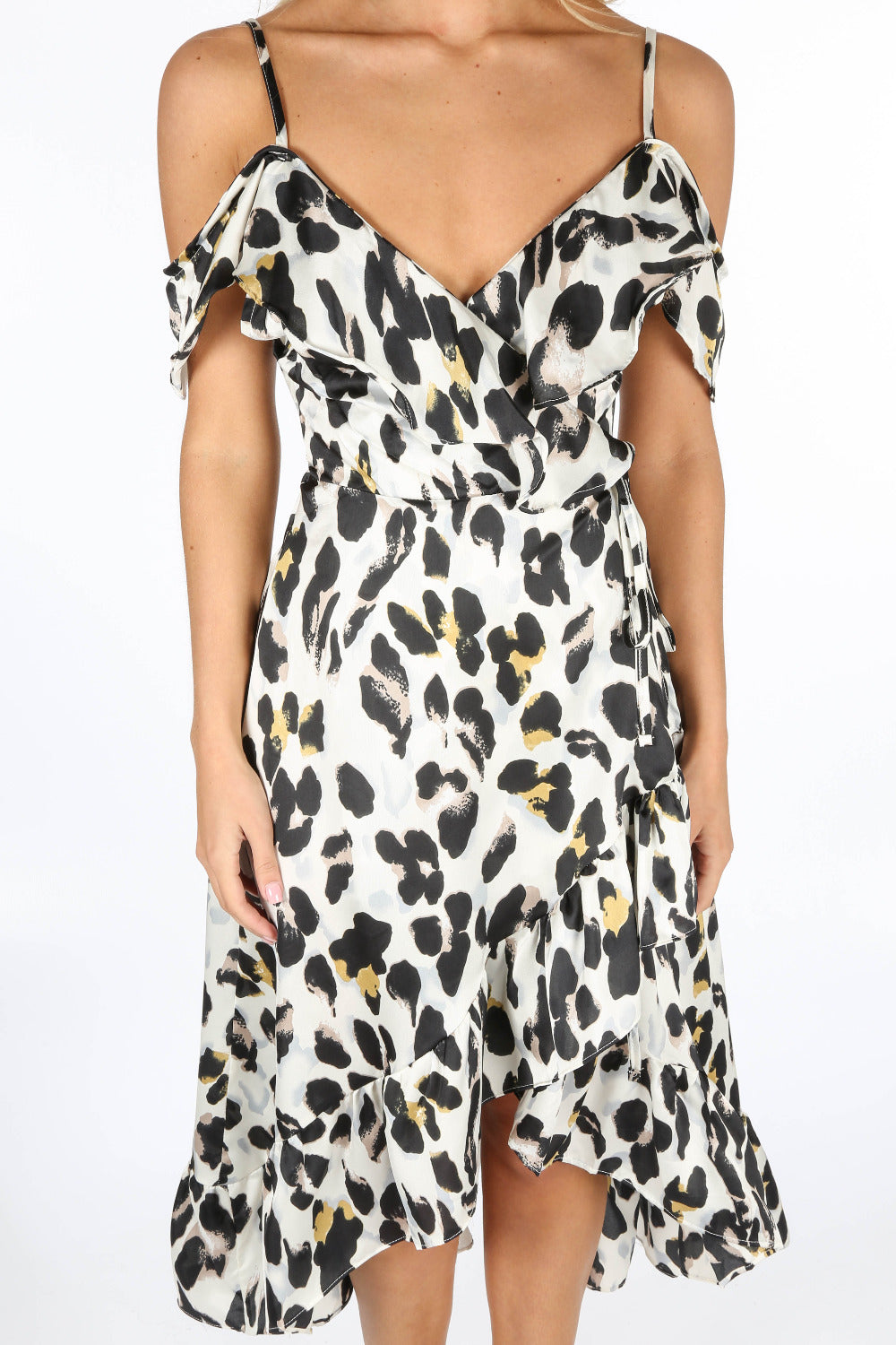 Cream Leopard Print Wrap Midi Dress