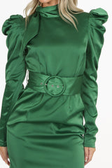 Green Satin High Tie Neck Mini Dress with Belt