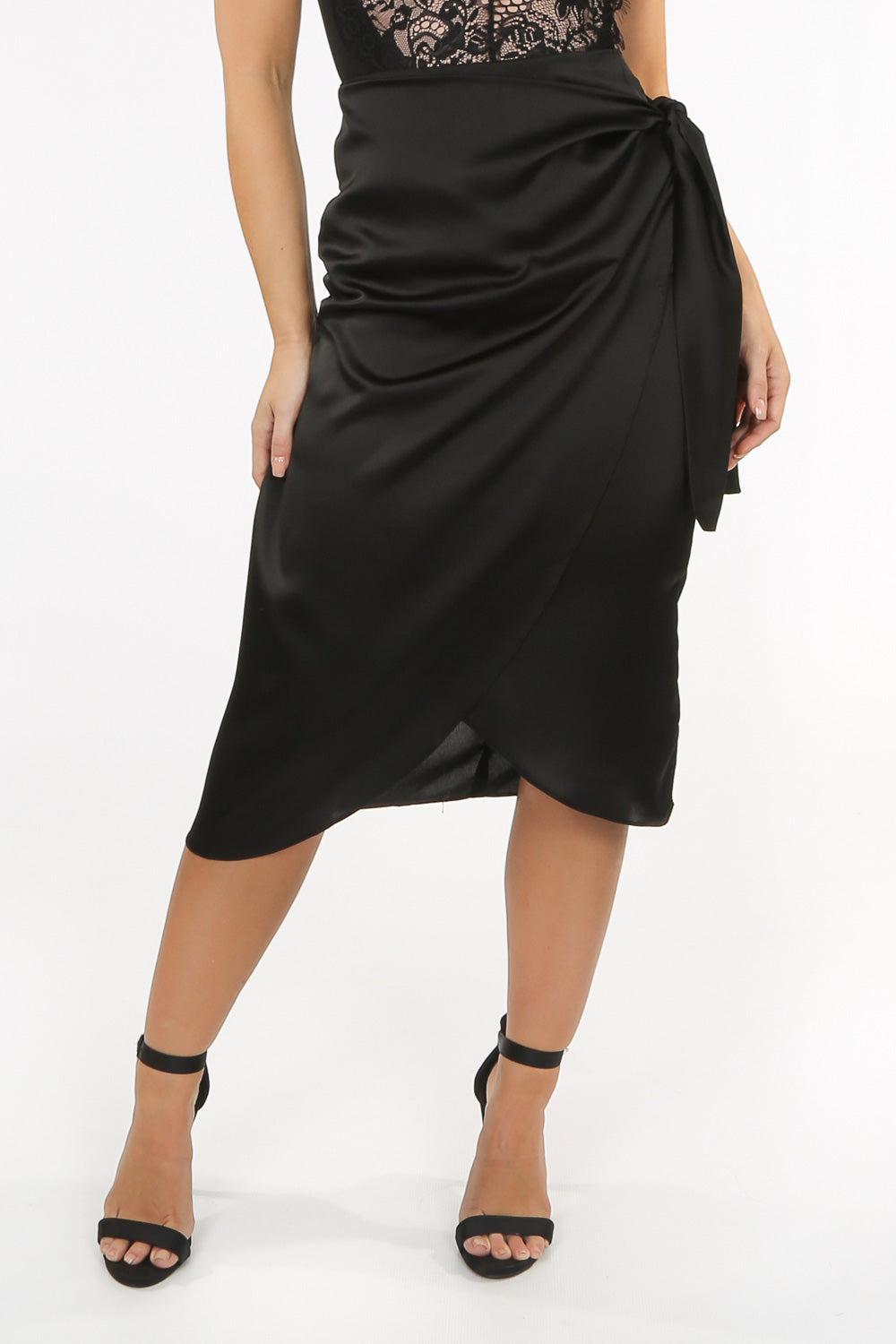Black Satin Wrap Midi Skirt