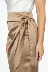 Taupe Satin Wrap Midi Skirt