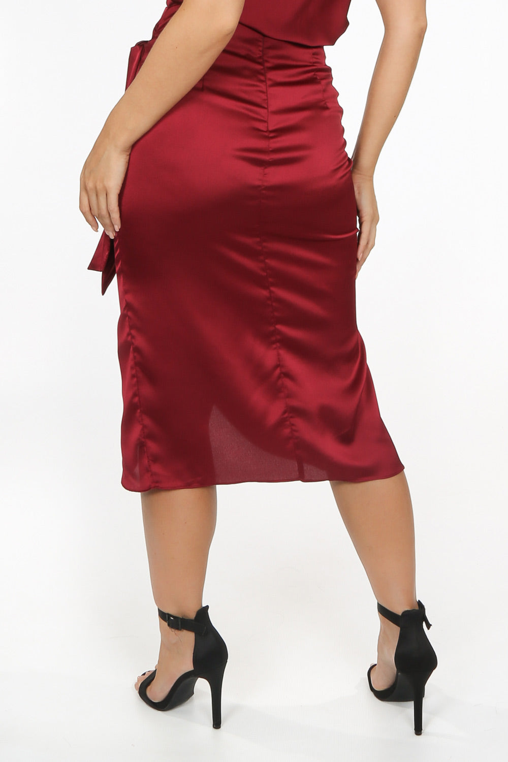 Wine Satin Wrap Midi Skirt