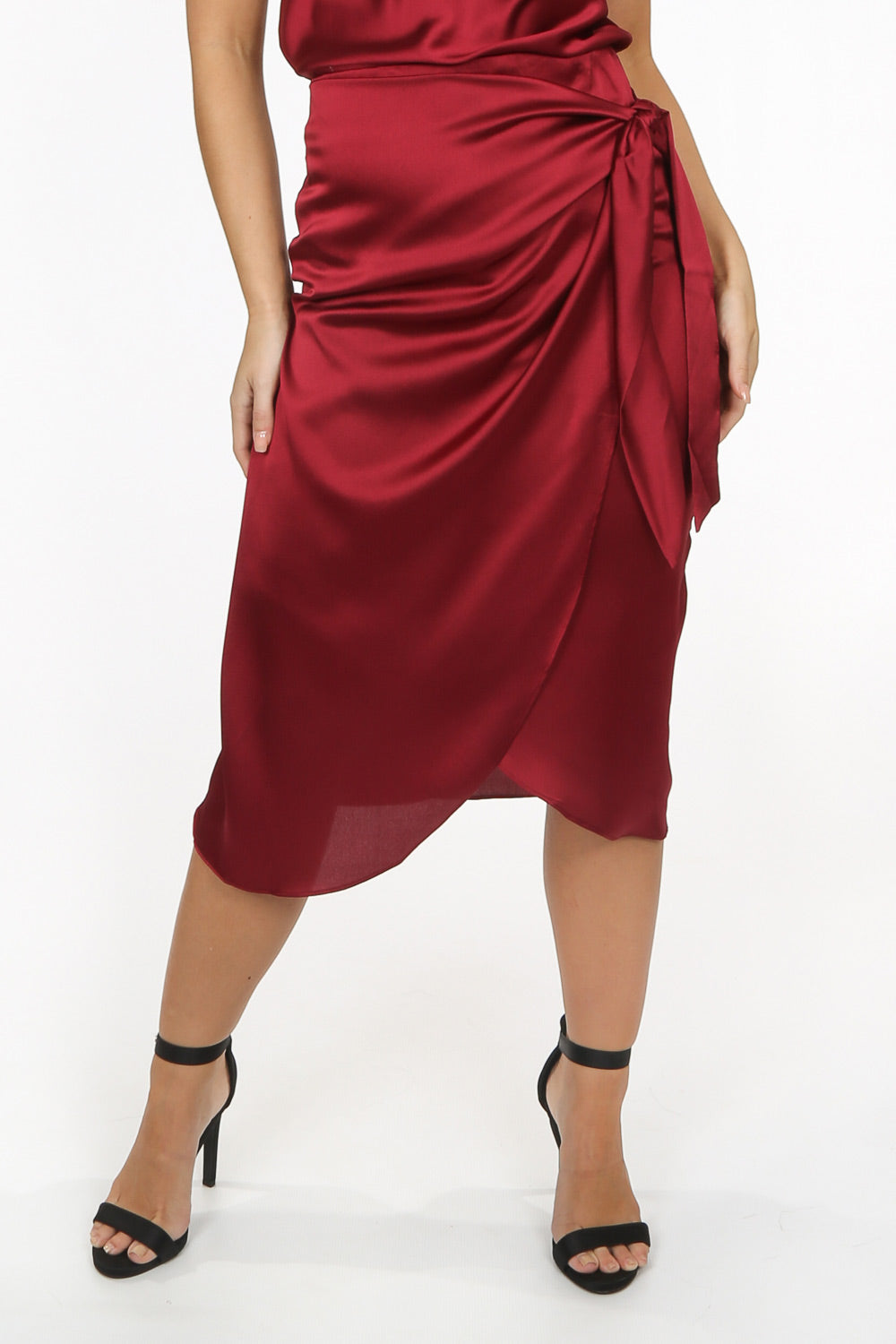 Wine Satin Wrap Midi Skirt