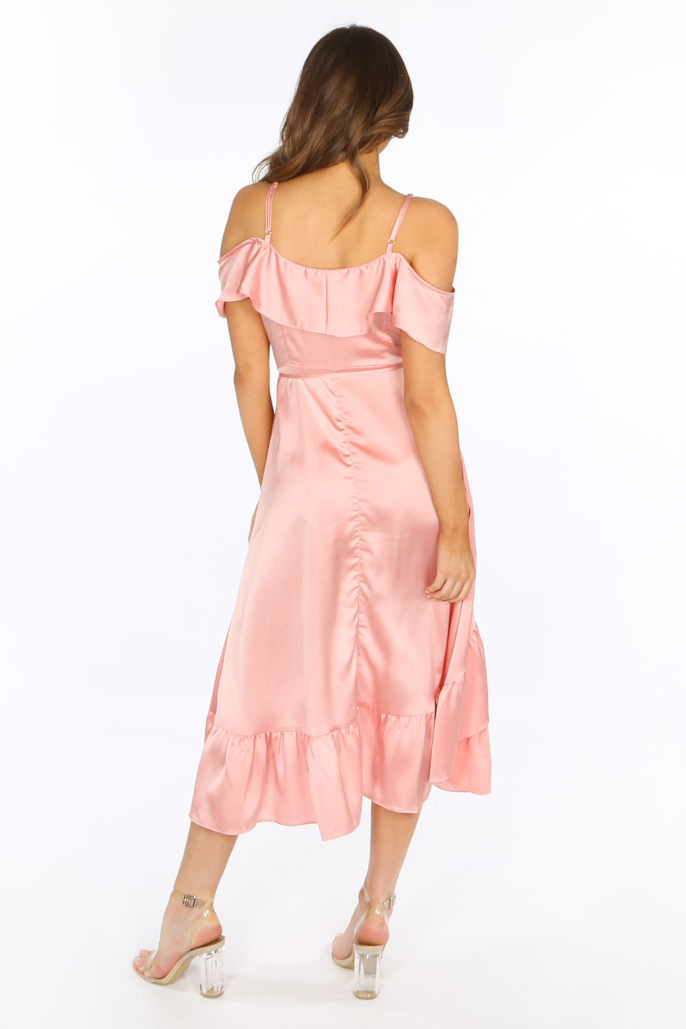 Pink Cold Shoulder Satin Midi Wrap Dress