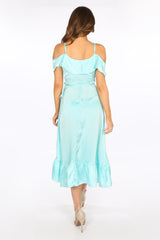 Turquoise Cold Shoulder Satin Midi Wrap Dress