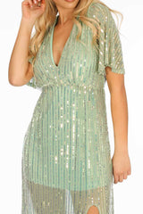 Green Sequin Maxi Dress With Split