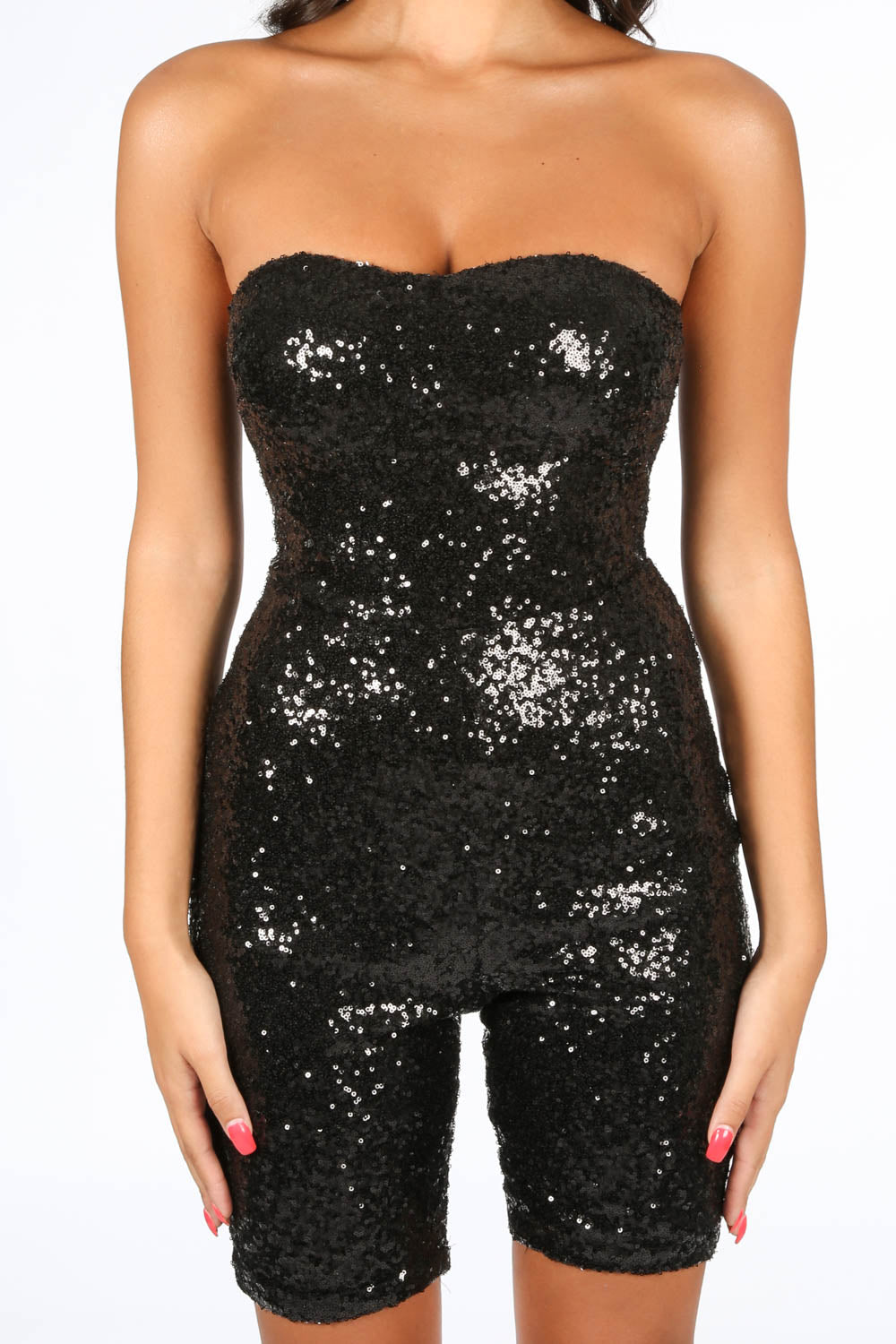 Black Sequin Bandeau Fitted Playsuit