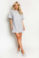Silver Sequin Mini Shirt Dress