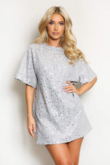 Silver Sequin Mini Shirt Dress