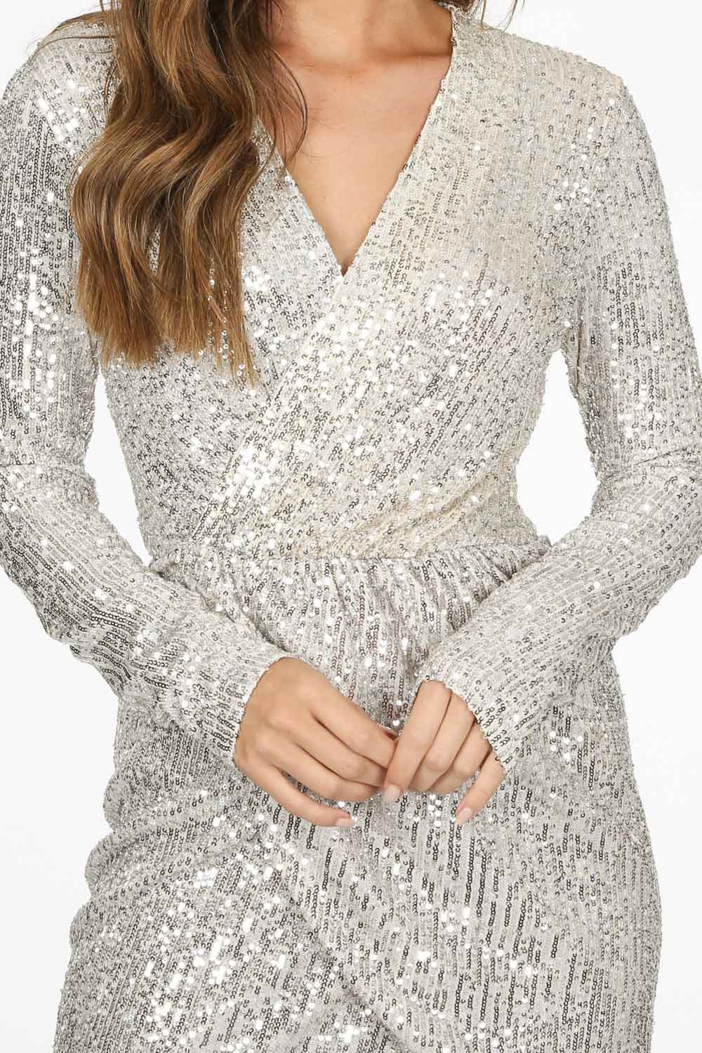 Champagne Long Sleeve Sequin Cross Over Dress