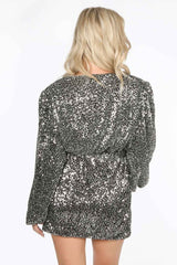 Silver Long Sleeve Sequin Wrap Front Mini Dress