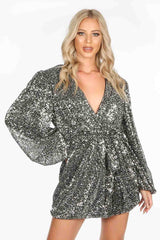 Silver Long Sleeve Sequin Wrap Front Mini Dress