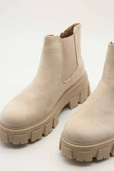 Faux Suede Chunky Heel Boots in Beige