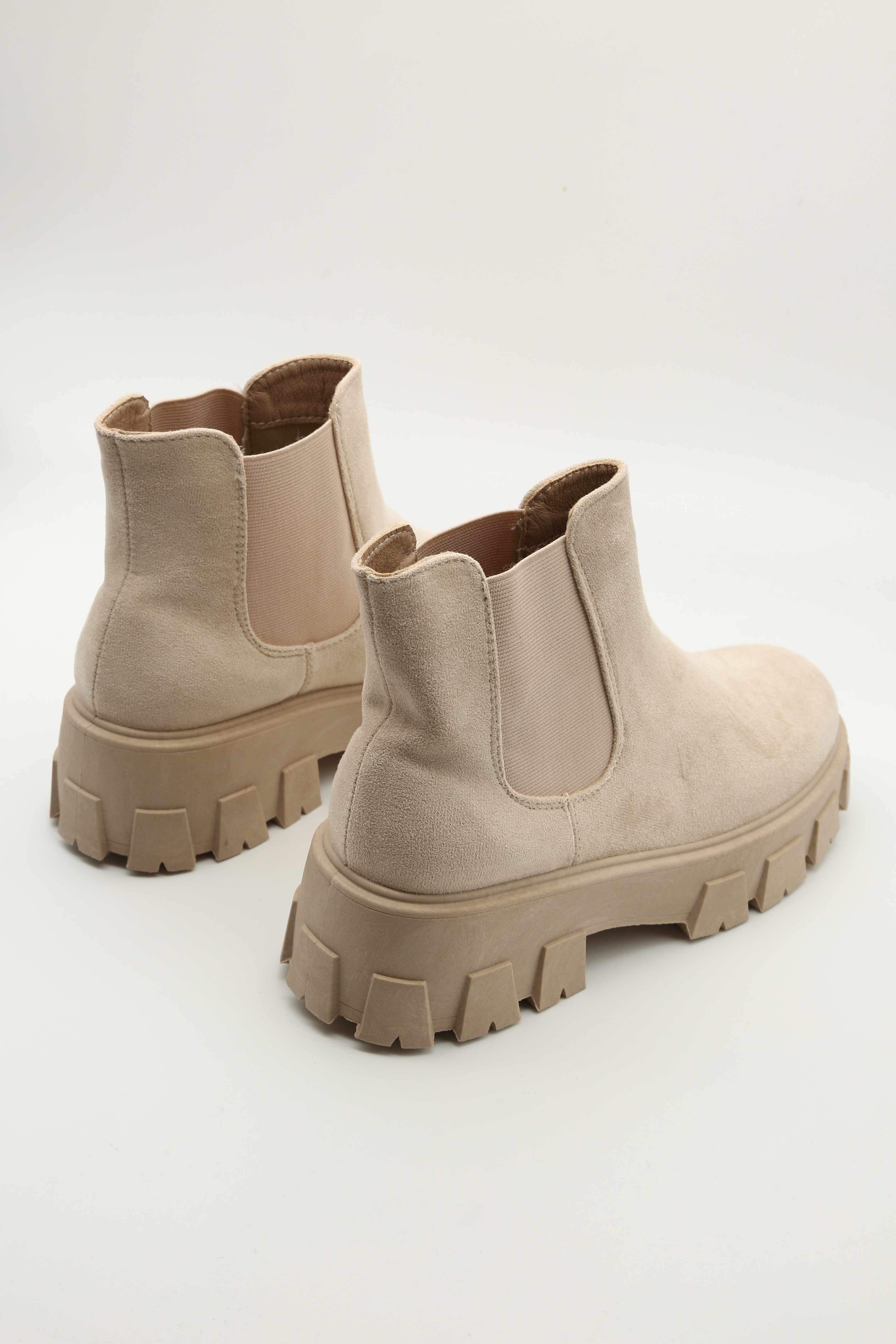 Faux Suede Chunky Heel Boots in Beige