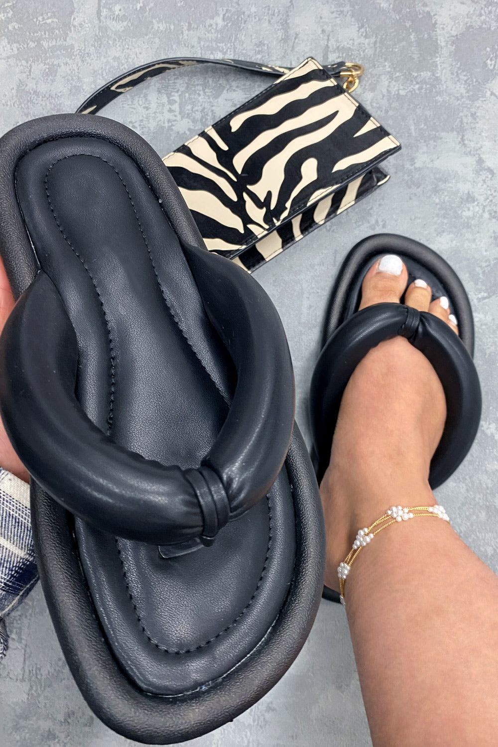 Black Pu Padded Thong mule Sandals